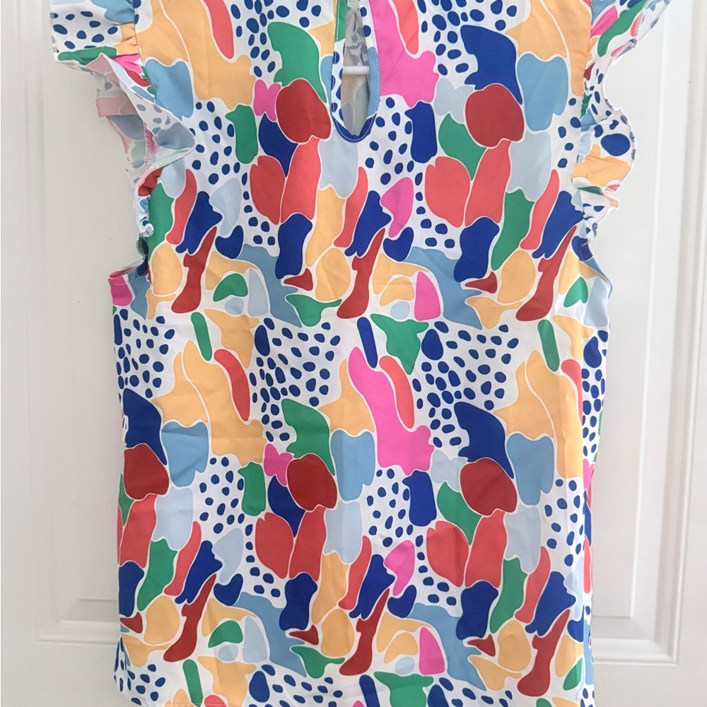 Abstract Multicolor Ruffle-Sleeve Blouse - Picture 2 of 2